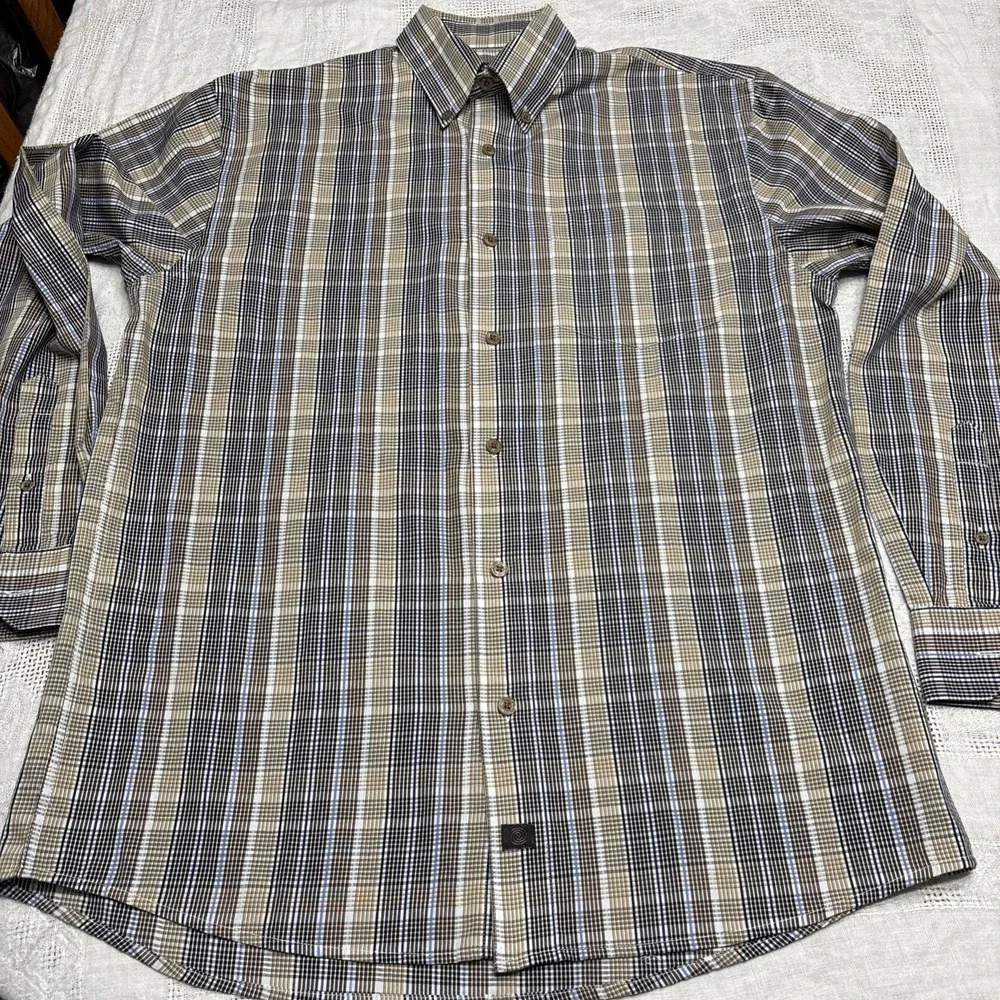 F/X Fusion Shirt Men's‎ Size Medium Plaid Design Blue Brown Tan White Preppy